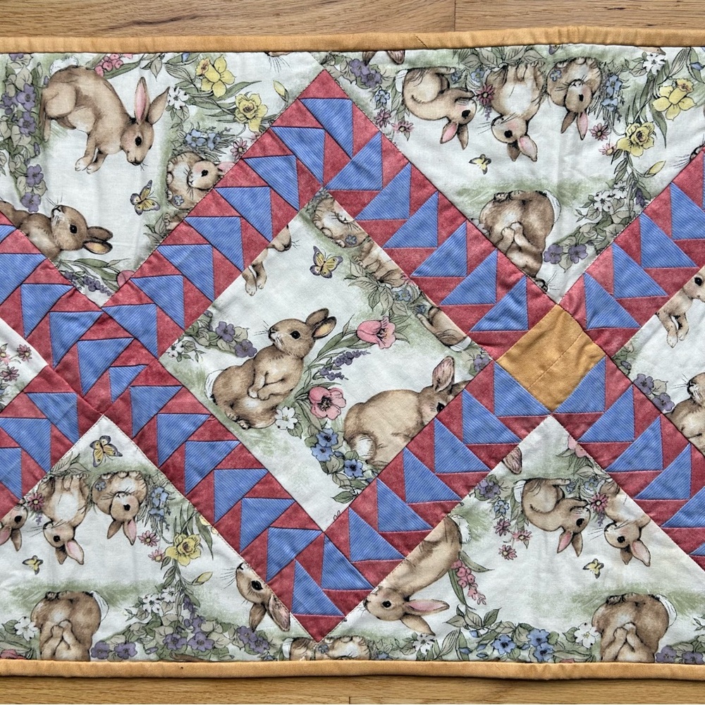 Easter Spring Bunny Rabbit Reversible Handmade Quilted Table Runner 🩵🐰🐇🩷 - Picture 3 of 7